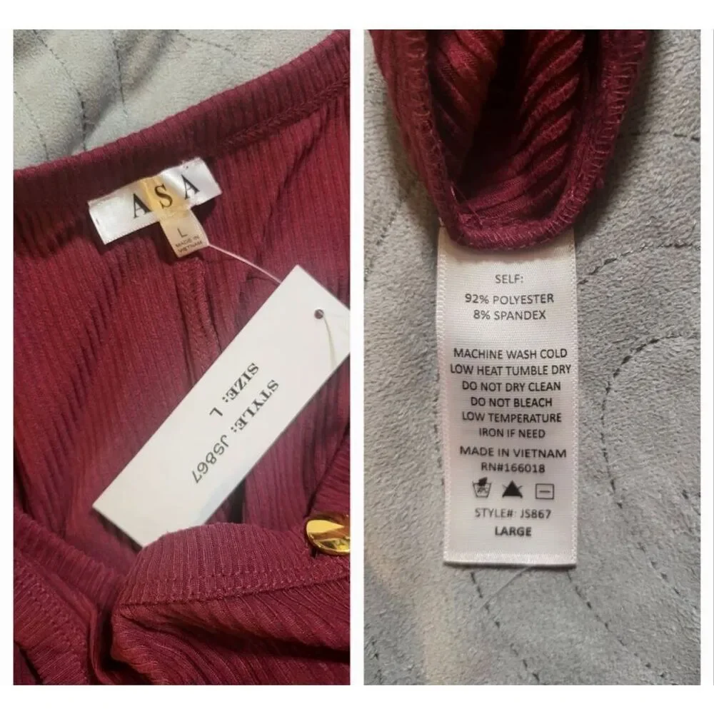 Asa women's crew neck sleeveless ribbed button-up burgundy jumpsuit knit bodyco